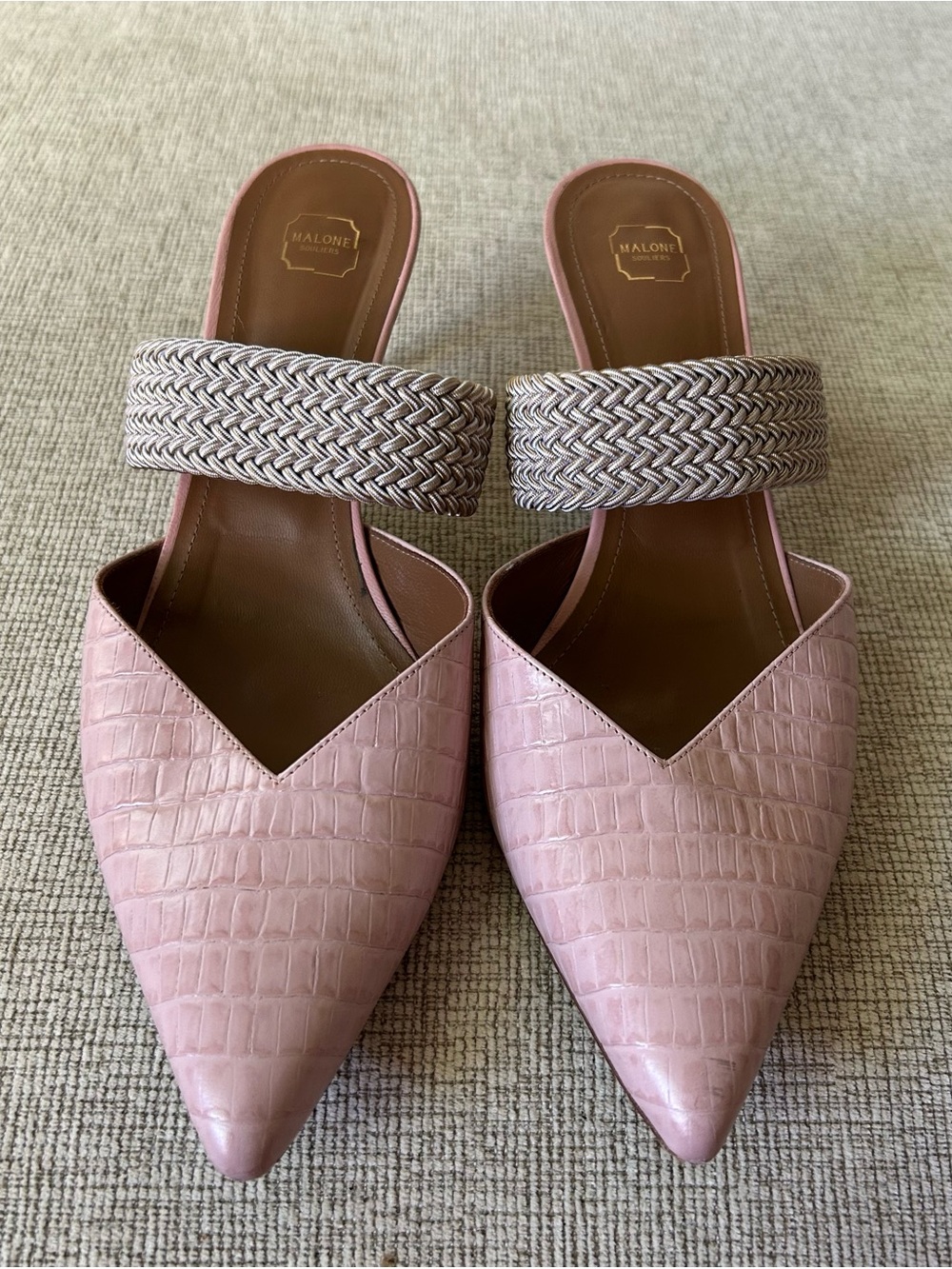 Malone Souliers Blush Pink Croc-Embossed Pointed Toe Slides with Woven Strap